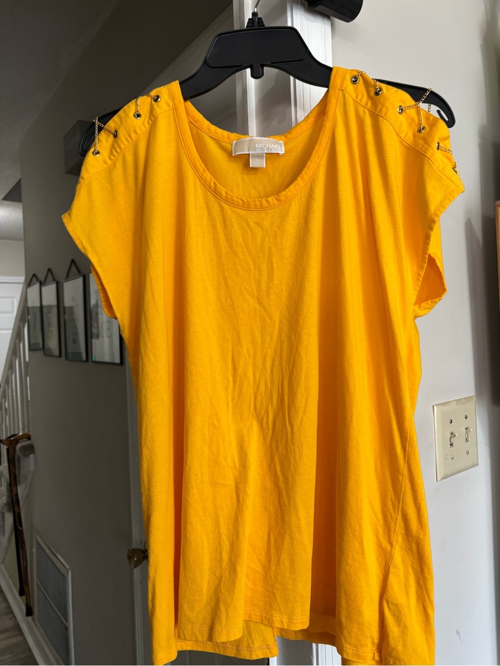 Michael Kors Yellow Short-Sleeve Tee with Grommet Chain Shoulders